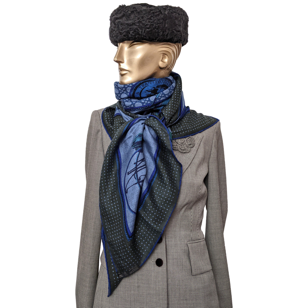 Hermes Jeans/Kaki " Les Voitures a Transformation" by Francoise de la Perriere Cashmere Shawl 140