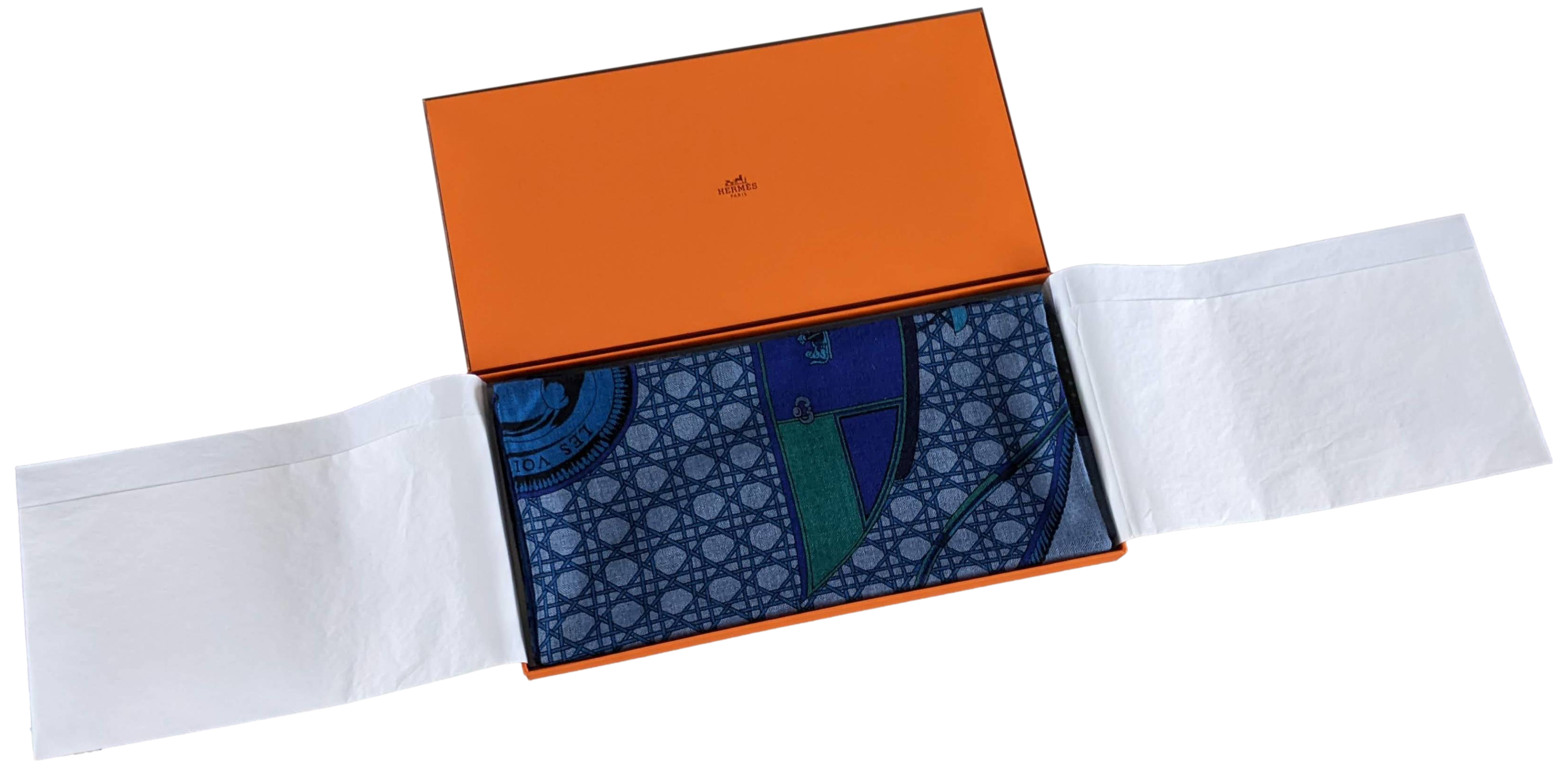 Hermes Jeans/Kaki " Les Voitures a Transformation" by Francoise de la Perriere Cashmere Shawl 140