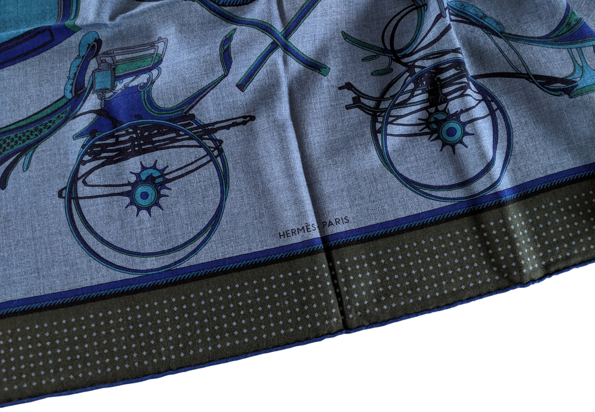 Hermes Jeans/Kaki " Les Voitures a Transformation" by Francoise de la Perriere Cashmere Shawl 140