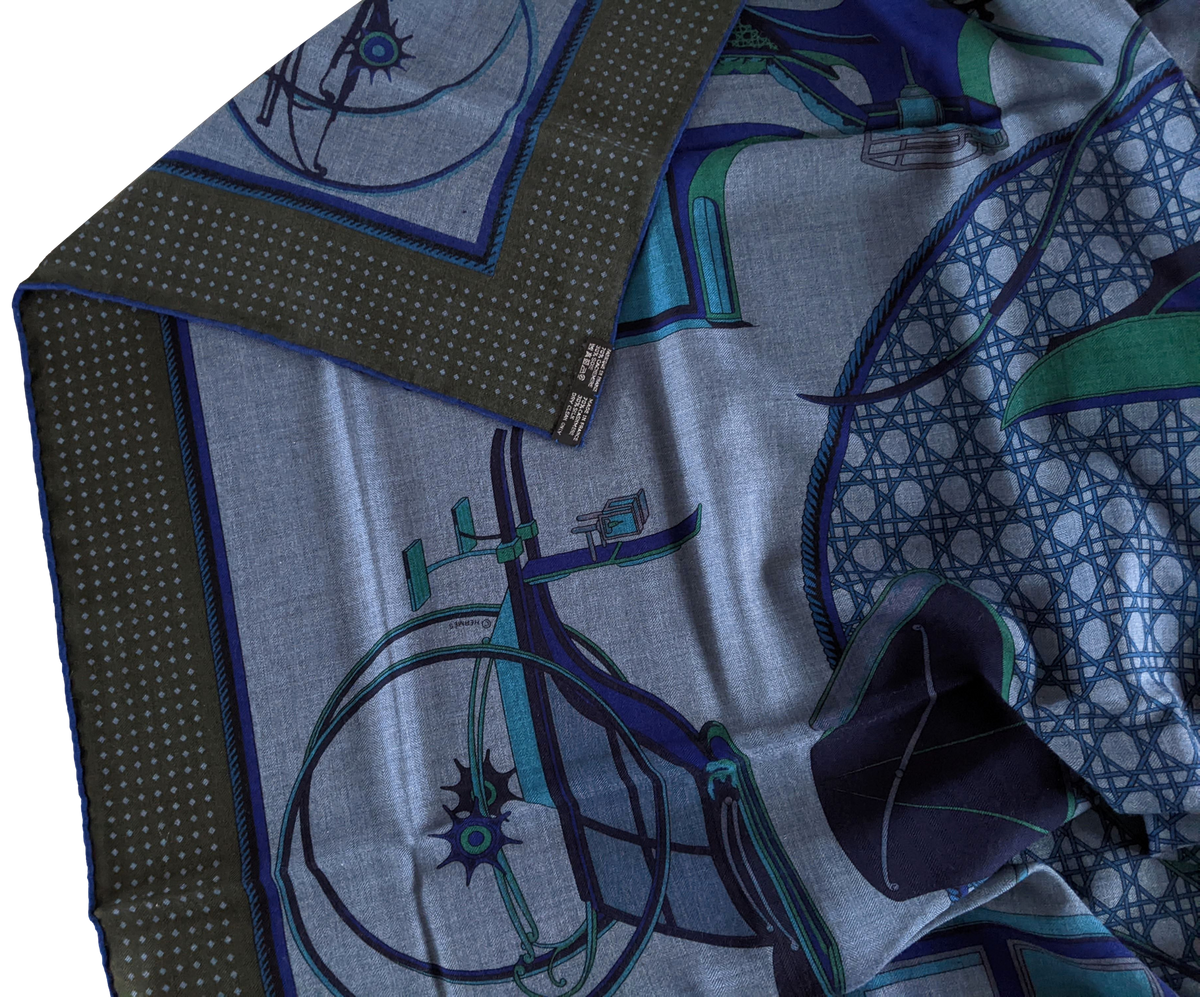 Hermes Jeans/Kaki " Les Voitures a Transformation" by Francoise de la Perriere Cashmere Shawl 140
