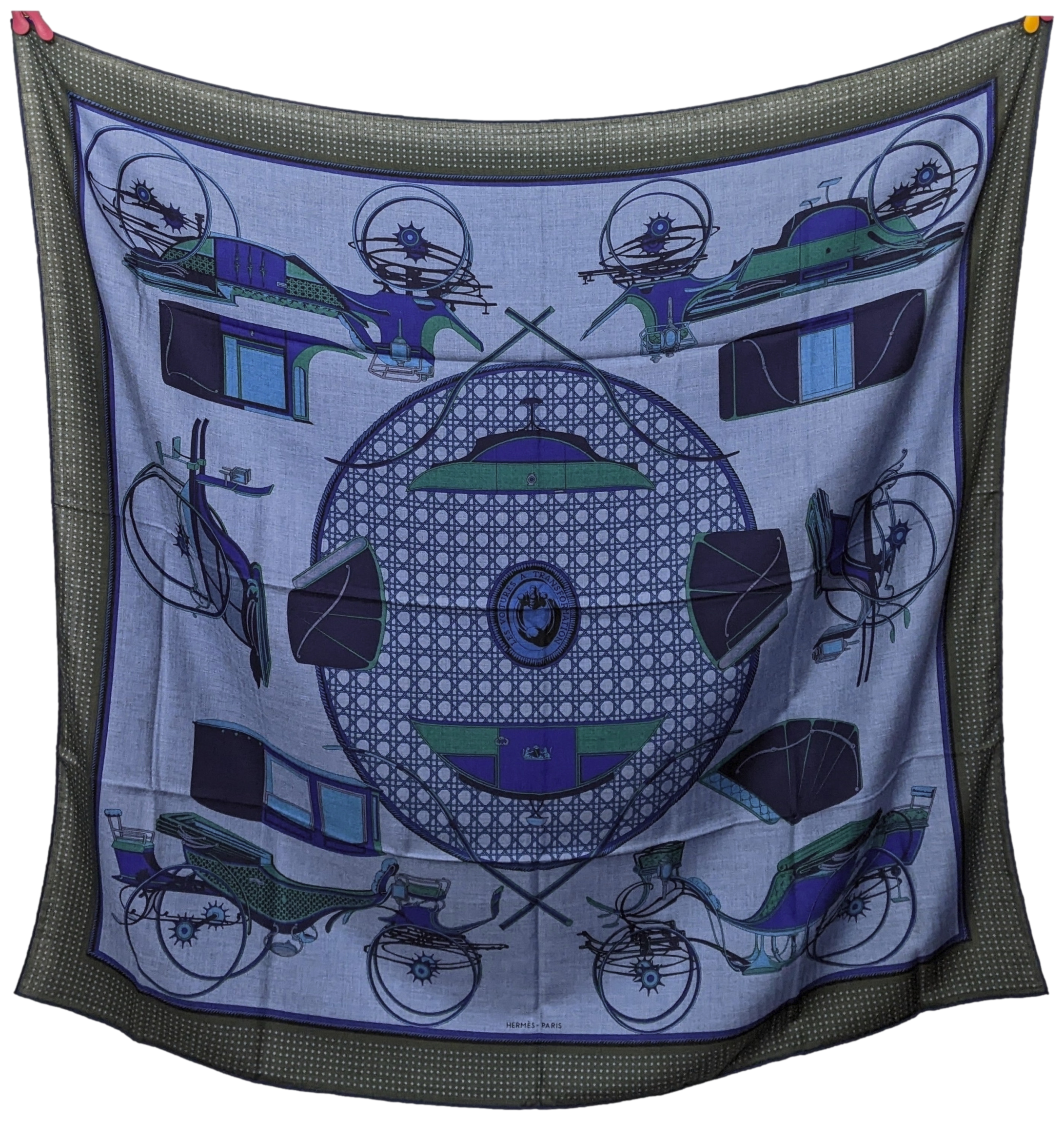 Hermes Jeans/Kaki " Les Voitures a Transformation" by Francoise de la Perriere Cashmere Shawl 140