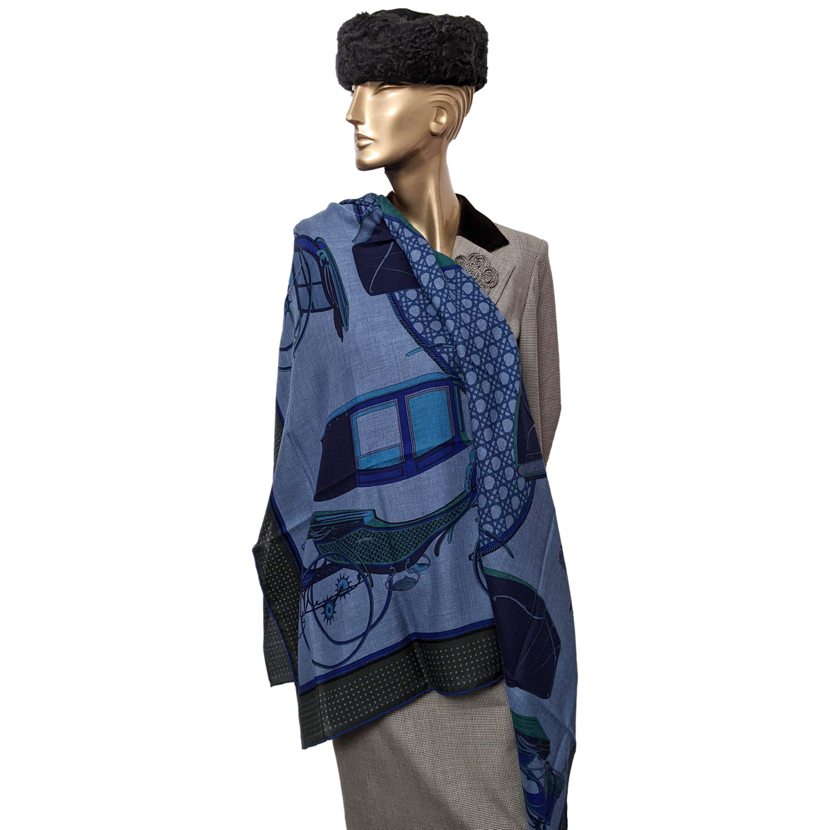 Hermes Jeans/Kaki " Les Voitures a Transformation" by Francoise de la Perriere Cashmere Shawl 140