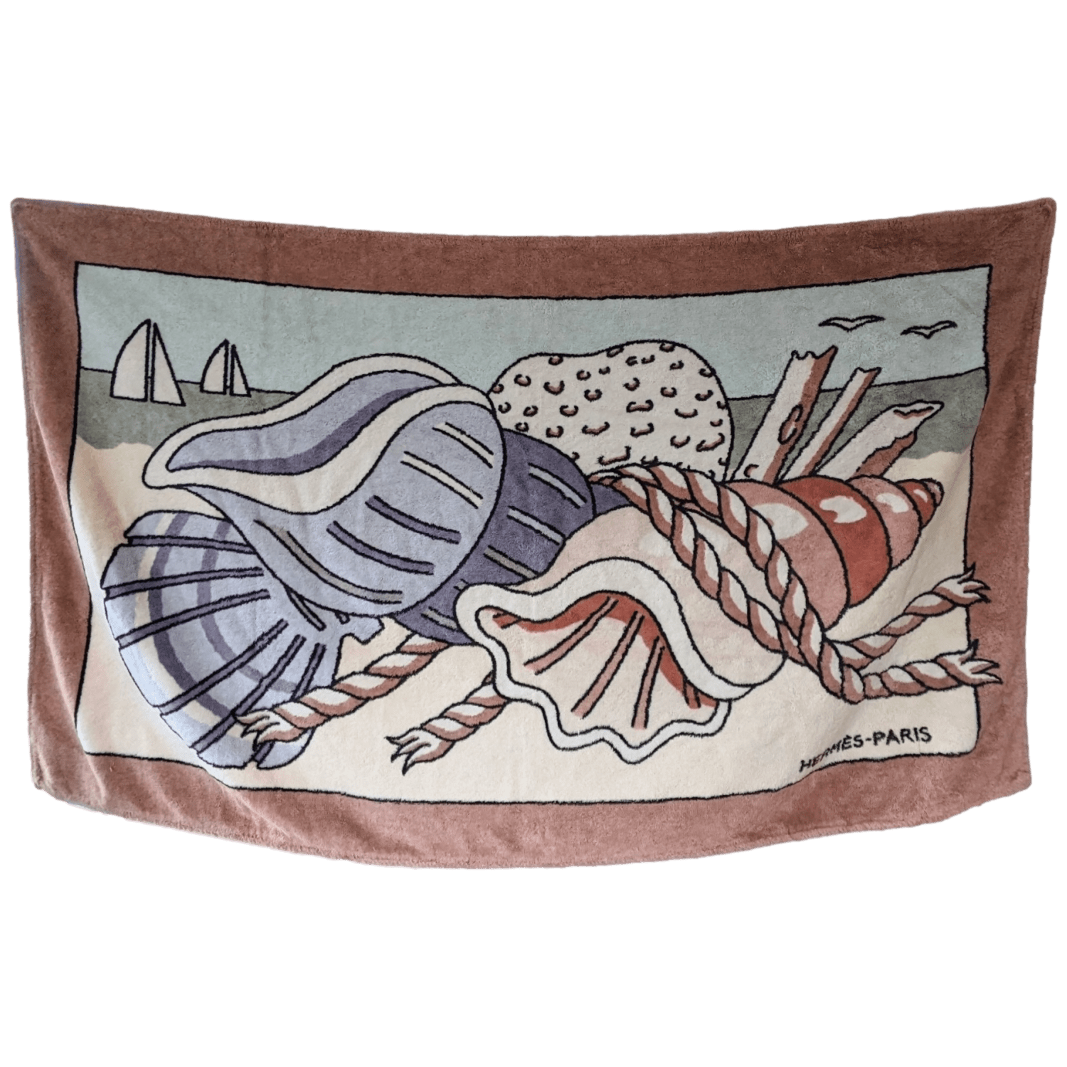 HERMES Lot of 2 (Macareux, Coquillage) Terry Cotton Beach Towel 90 x 150 cm