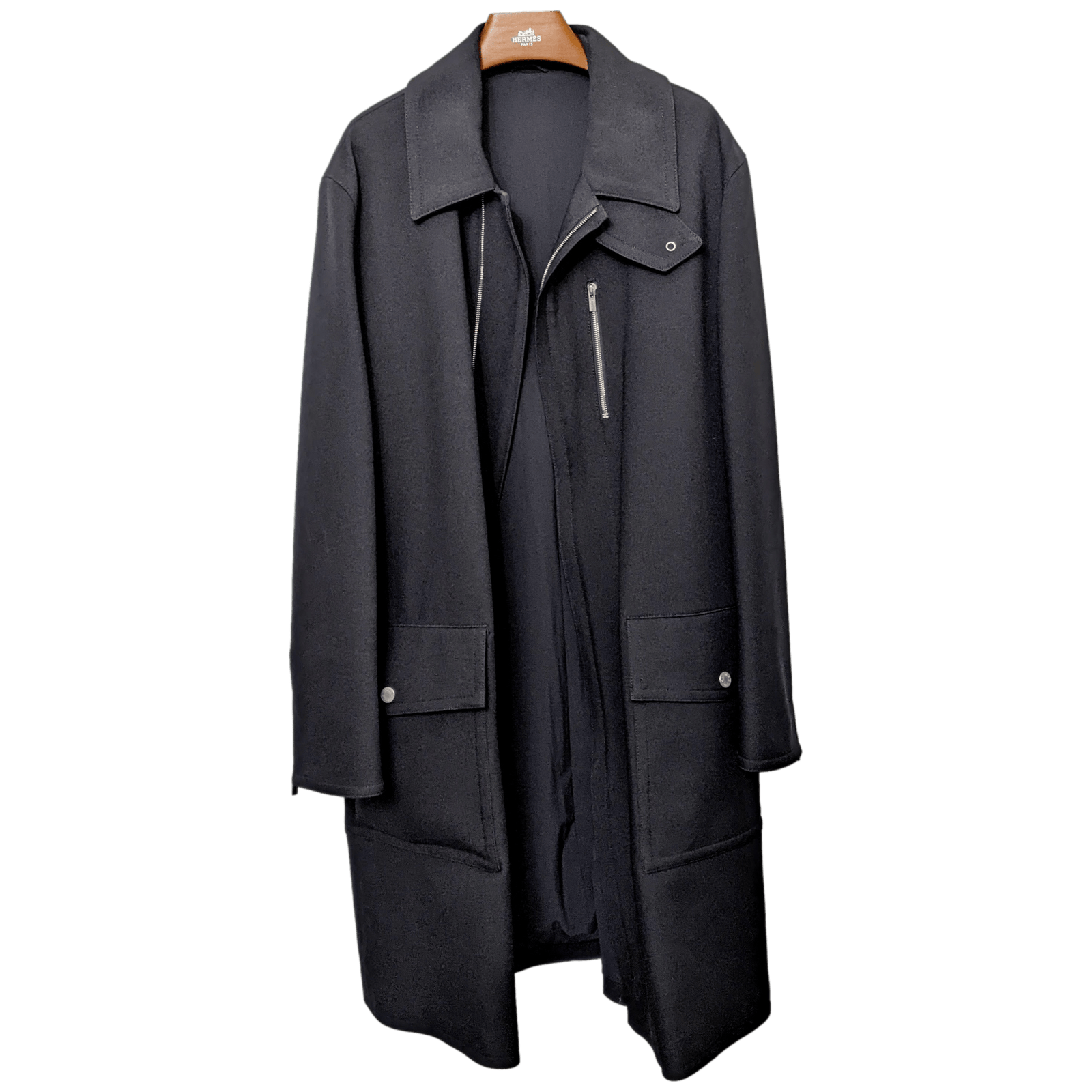HERMES 2022 F/W Men's Black Gabardine Long Coat Sz48 Pur Luxe, New HERMES 2022 F/W Men's Black Gabardine Long Coat Sz48 Pur Luxe, New