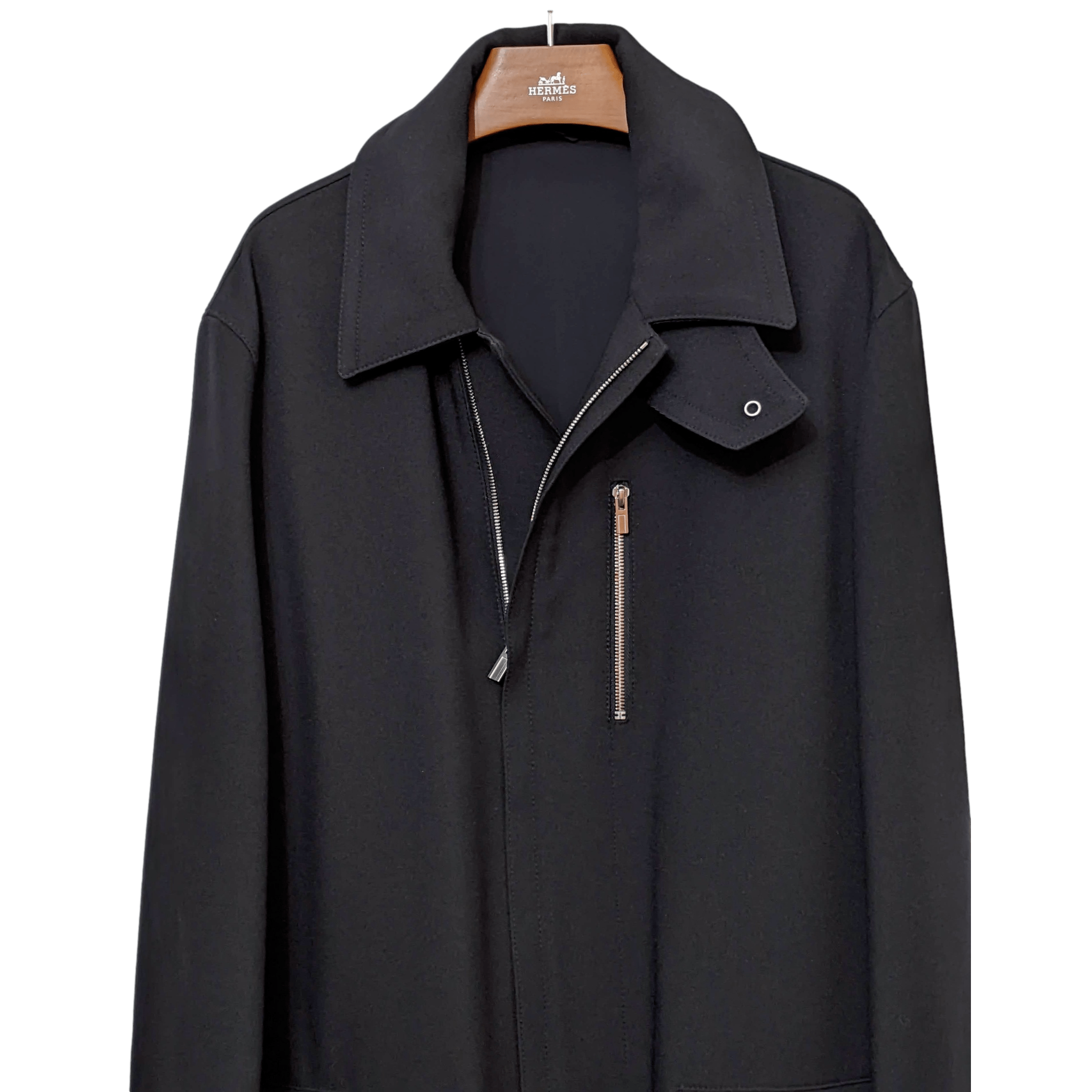 HERMES 2022 F/W Men's Black Wool Gabardine Trench Coat Sz48