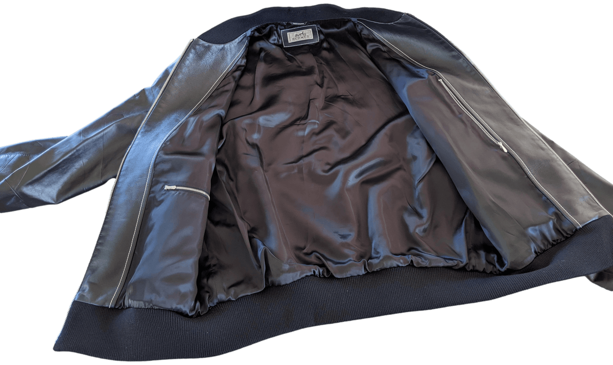 HERMES Men's Black/Navy Lambskin Leather Bomber Jacket Sz50