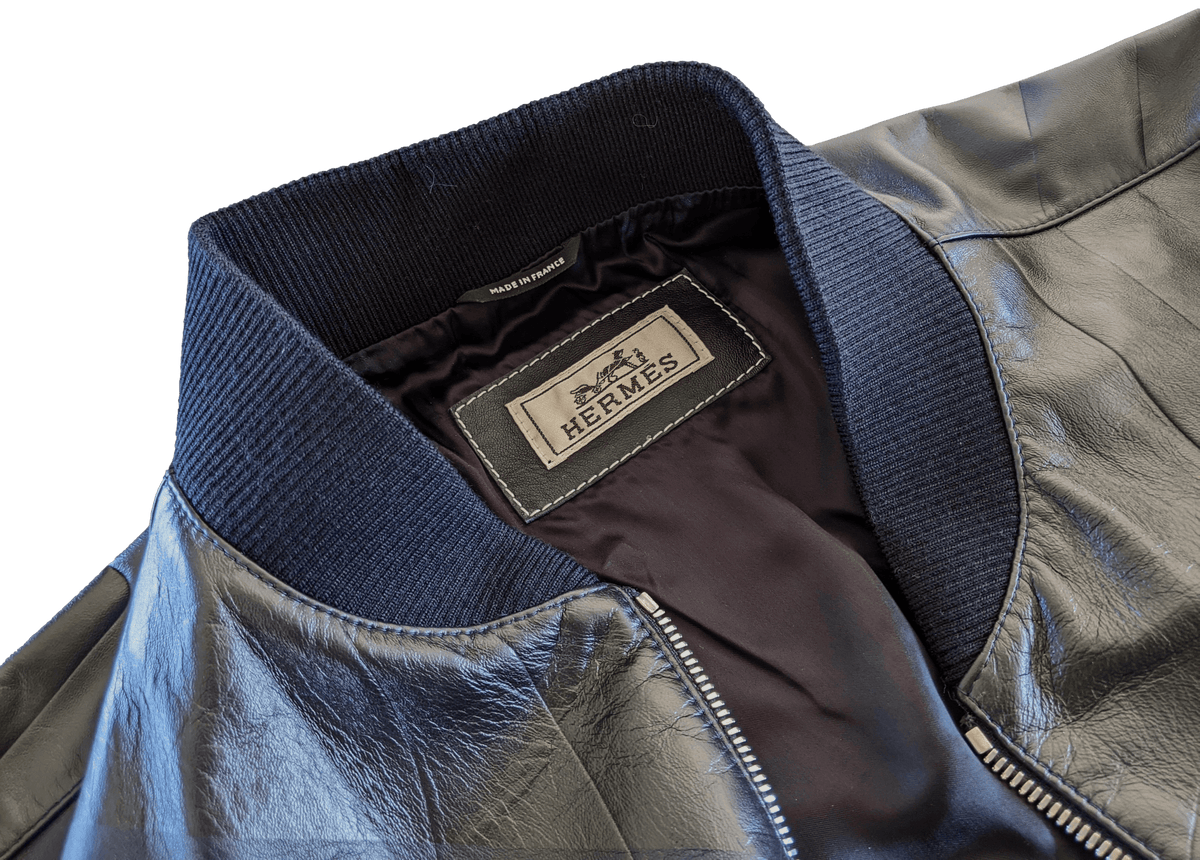 HERMES Men's Black/Navy Lambskin Leather Bomber Jacket Sz50