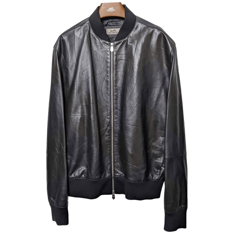 HERMES Men's Black/Navy Lambskin Leather Bomber Jacket Sz50