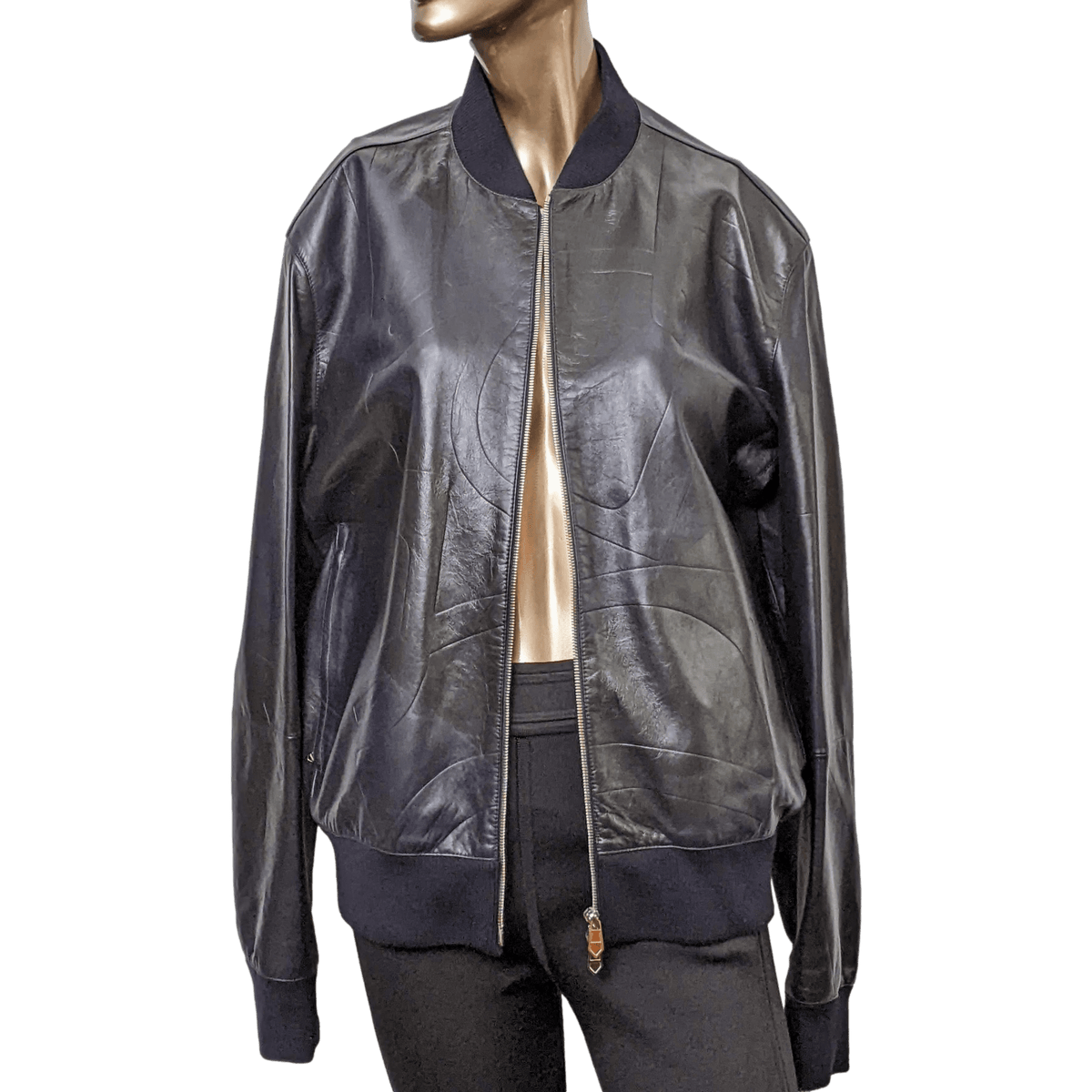 HERMES Men's Black/Navy Lambskin Leather Bomber Jacket Sz50