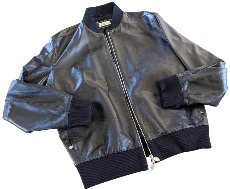 HERMES Men's Black/Navy Lambskin Leather Bomber Jacket Sz50