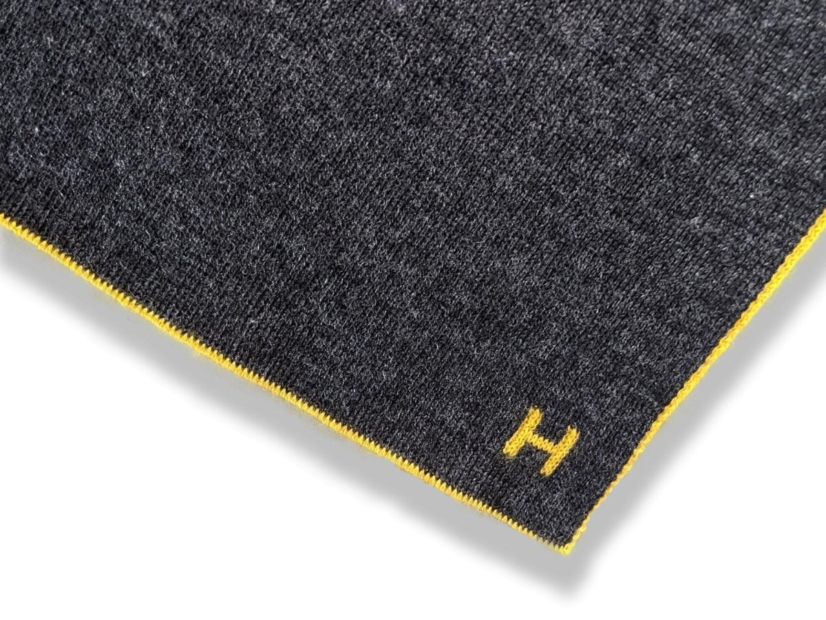 Hermes Men's Safran/Anthracite ALLER RETOUR MUFFLER 70% Maille Cashmere Stole 30 x 180 cm, New! - poupishop
