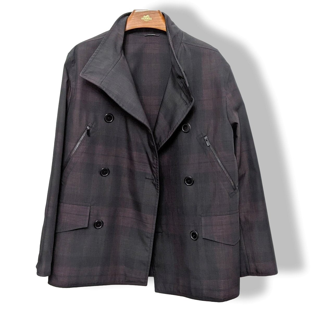 Hermes Men's Tartan Caban Peacoat Coat Sz48, Pur Luxe, NEW! - poupishop