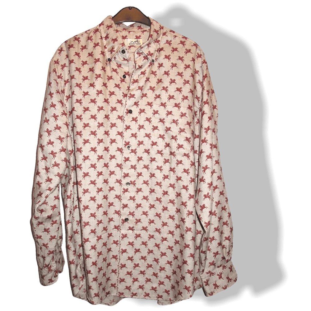 Hermes Men's Vintage Naturel/Burgundy PEGASUS Pegase Cashmere Shirt Sz40, Rare and New! - poupishop