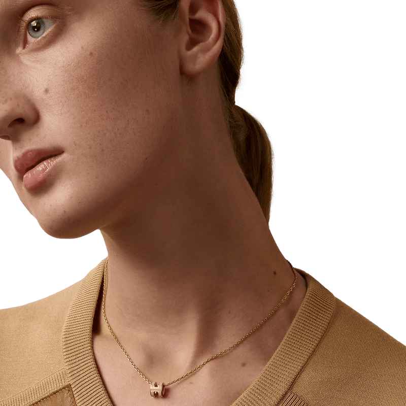 HERMES MINI POP H Marron Glacé & Pink Gold Pendant Necklace