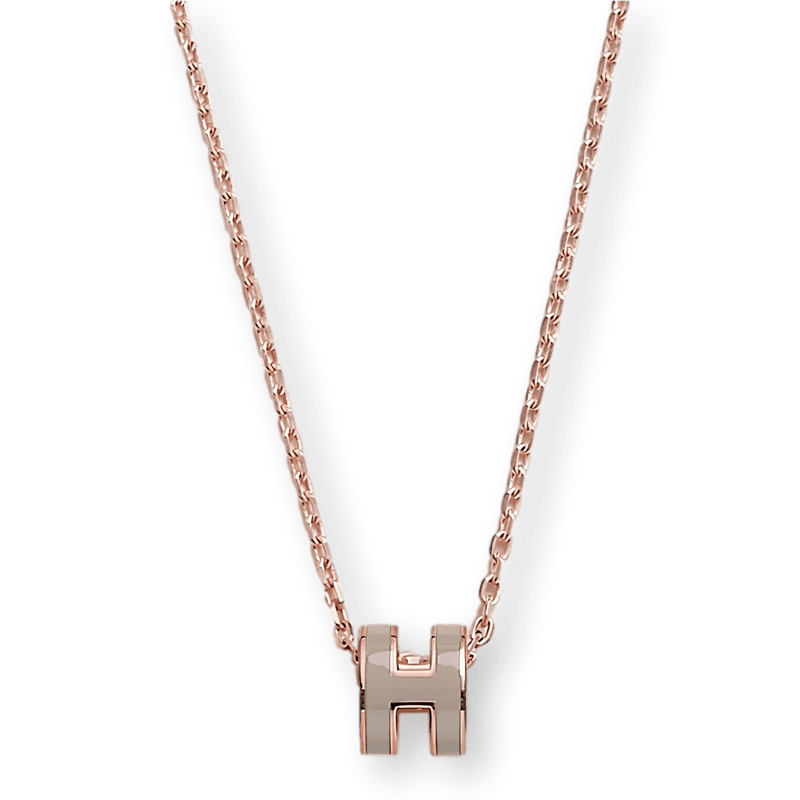 HERMES MINI POP H Marron Glacé & Pink Gold Pendant Necklace, New HERMES MINI POP H Marron Glacé & Pink Gold Pendant Necklace, New