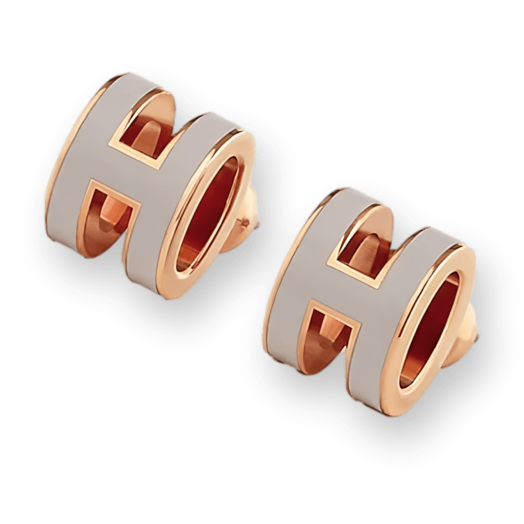 HERMES MINI POP H Marron Glacé & Pink Gold Pierced Earrings