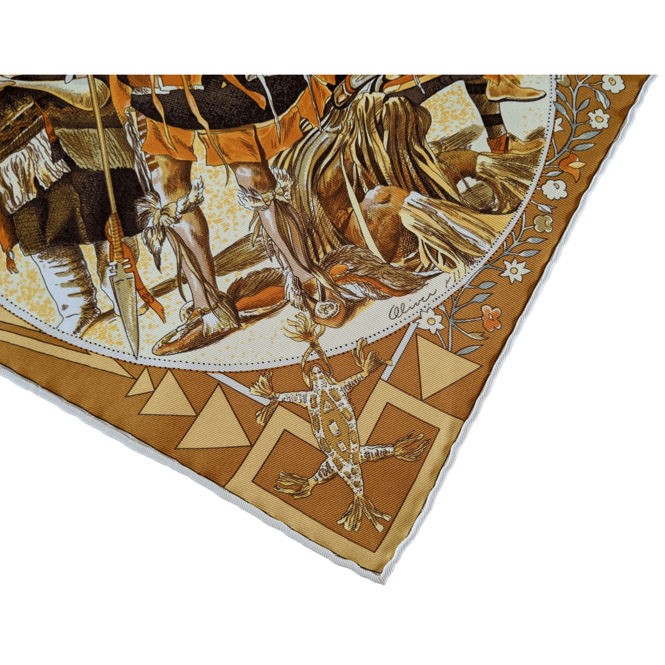 HERMES 1999 Mythologies des Hommes Rouges Celadon/Yellow Twill 90 x 90 cm