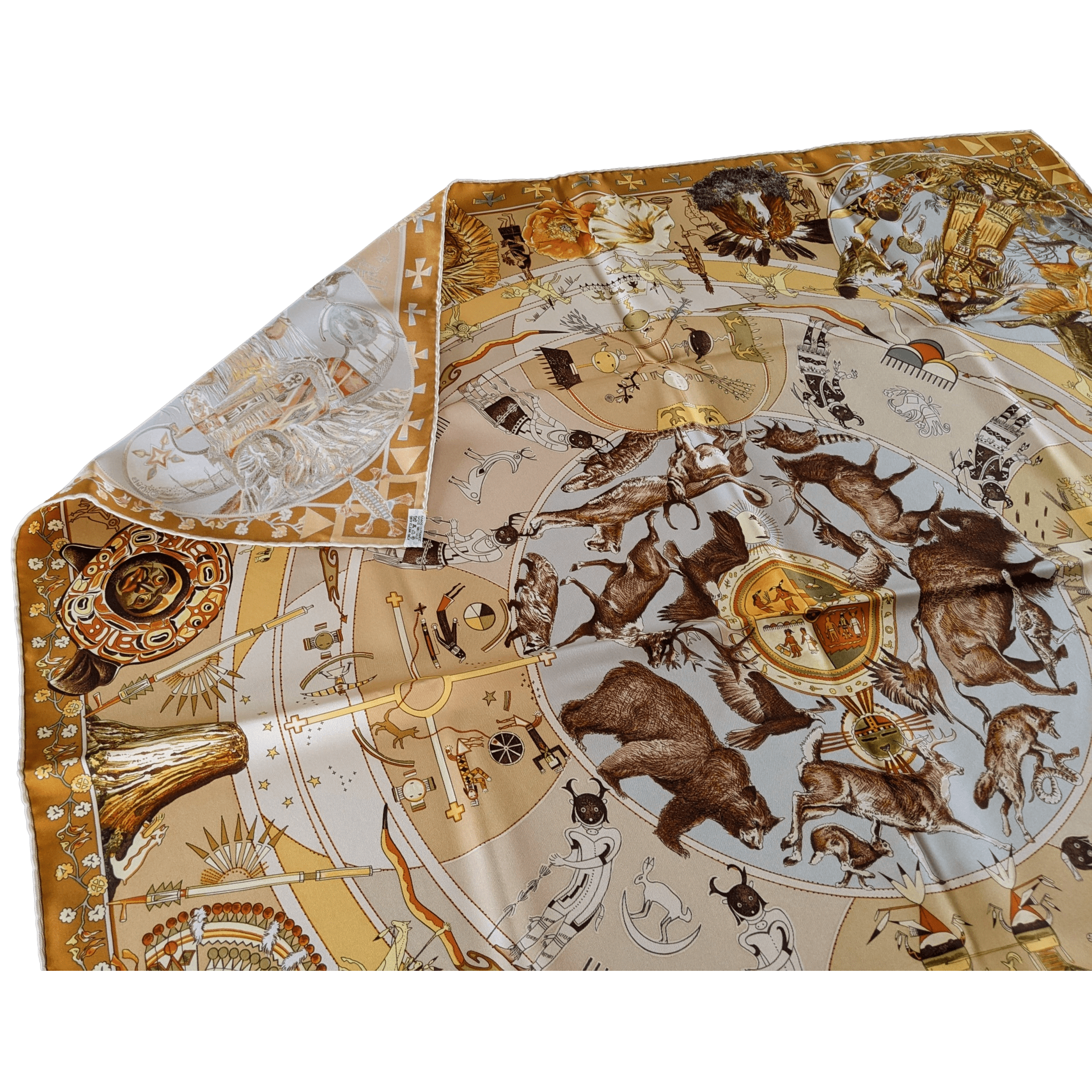 HERMES 1999 Mythologies des Hommes Rouges Celadon/Yellow Twill 90 x 90 cm