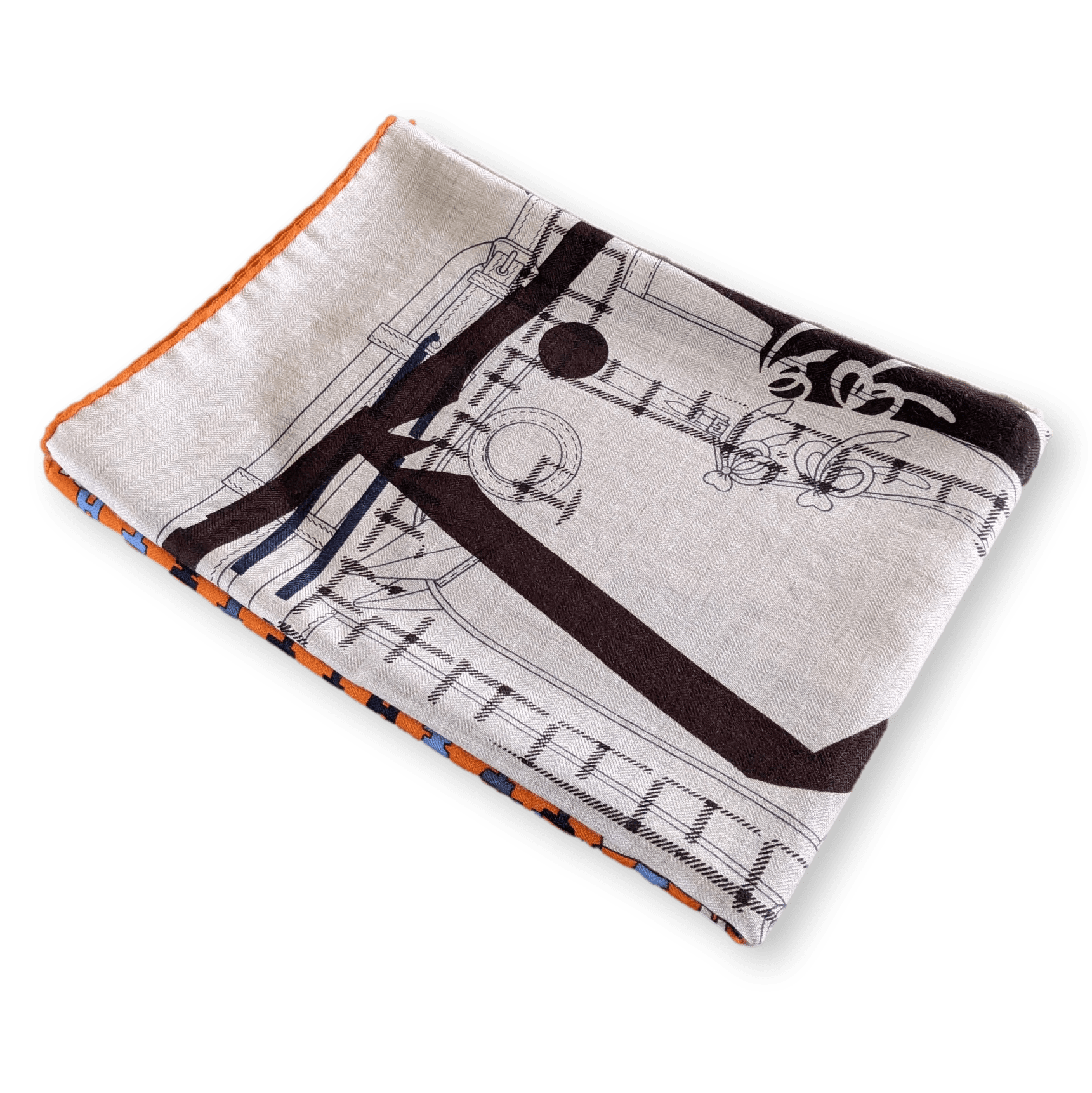 HERMES Unisex Natural/Orange Equestre 70% Cashmere Stole