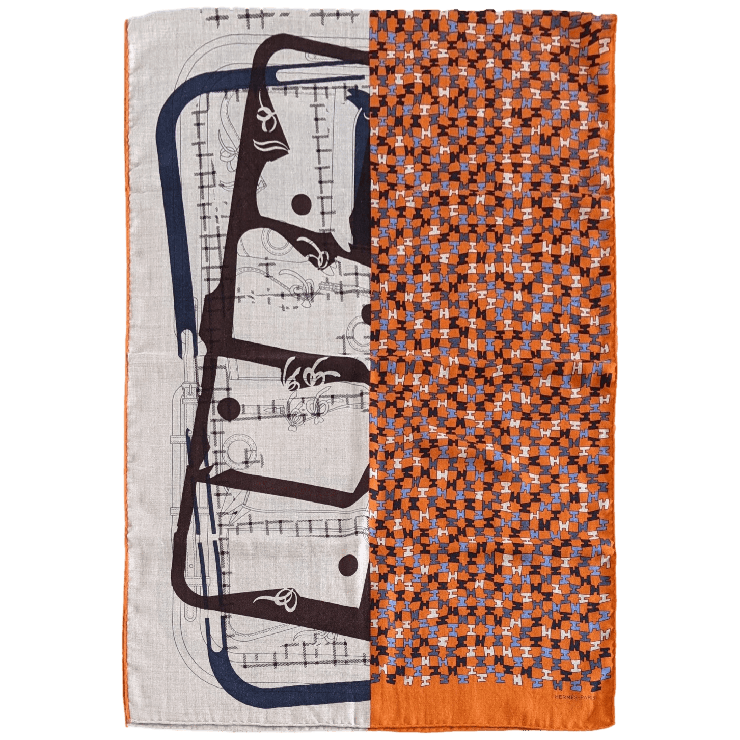 HERMES Unisex Natural/Orange Equestre 70% Cashmere Stole