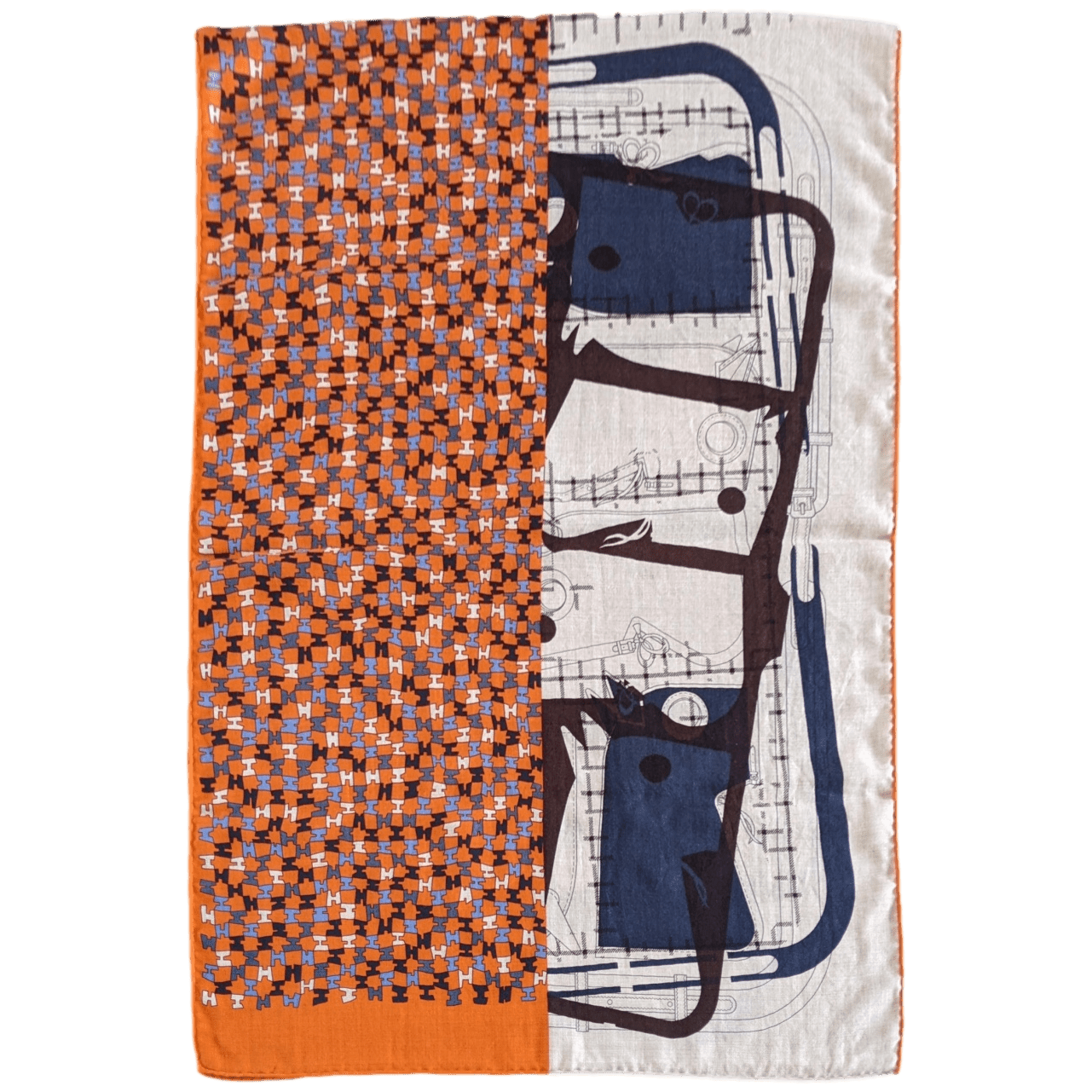 HERMES Unisex Natural/Orange Equestre 70% Cashmere Stole