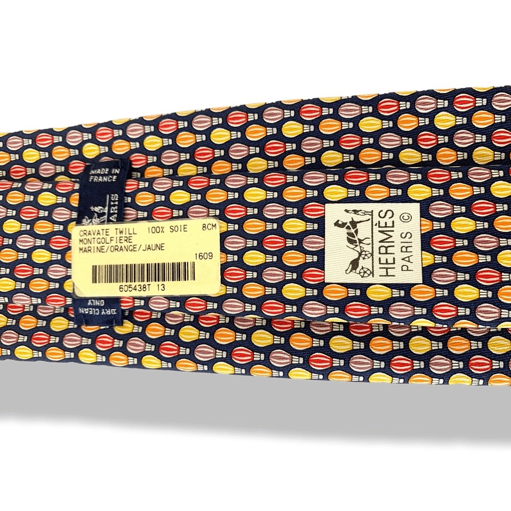 Hermes Navy Orange Yellow Hot Air Balloon MONTGOLFIERE Twill Silk Tie, NWT in Pochette! - poupishop