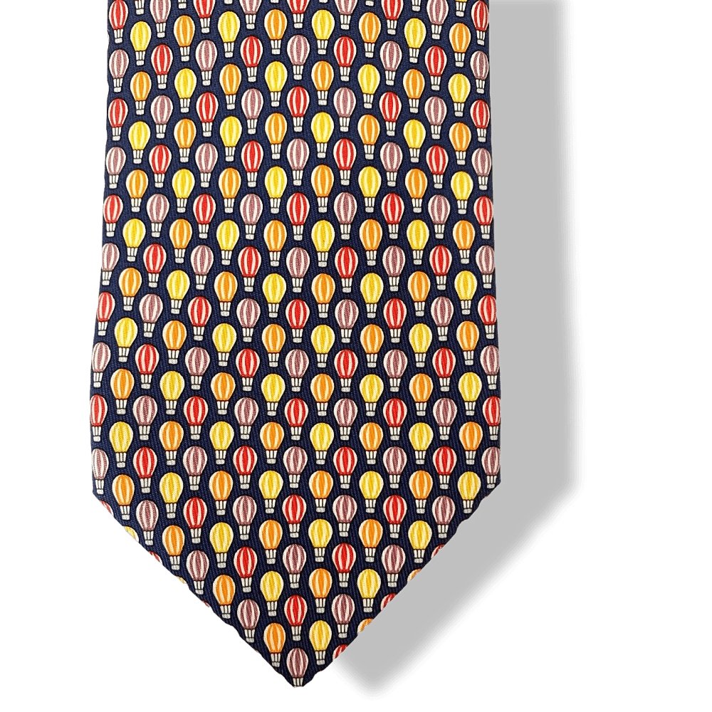 Hermes Navy Orange Yellow Hot Air Balloon MONTGOLFIERE Twill Silk Tie, NWT in Pochette! - poupishop