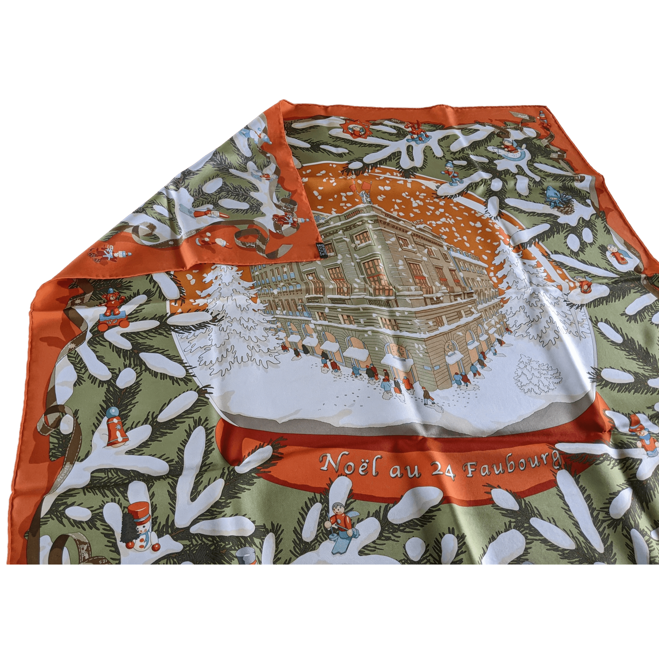 HERMES 2004 Green/Orange NOEL AU 24 FAUBOURG by Dimitri Rybaltchenko Twill Silk Carre 90 x 90 cm
