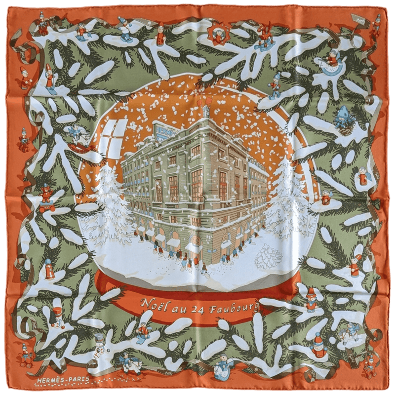 HERMES 2004 Green/Orange NOEL AU 24 FAUBOURG by Dimitri Rybaltchenko Twill Silk Carre 90 x 90 cm