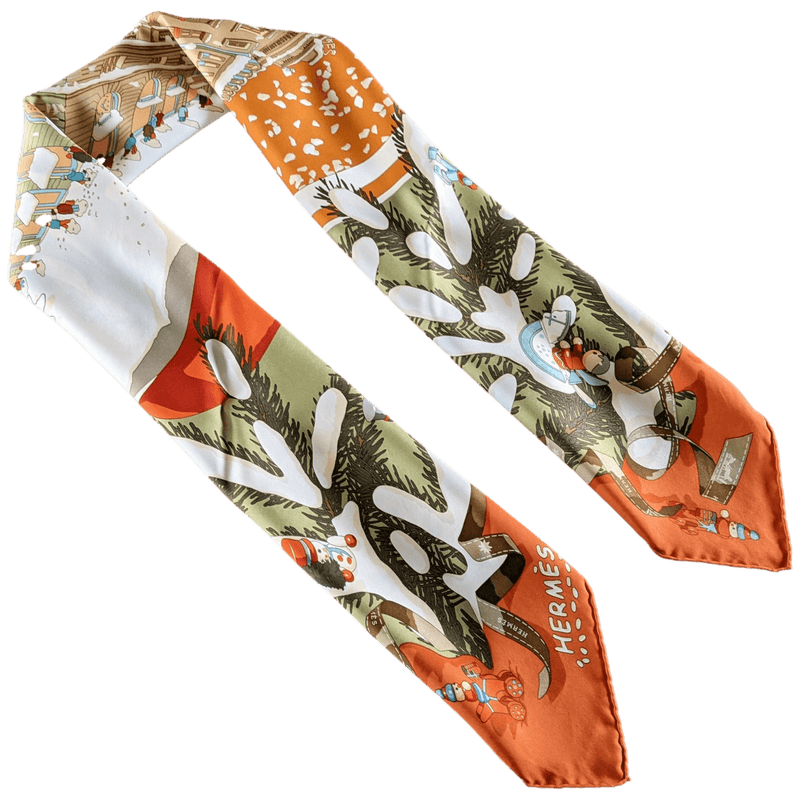 HERMES 2004 Green/Orange NOEL AU 24 FAUBOURG by Dimitri Rybaltchenko Twill Silk Carre 90 x 90 cm