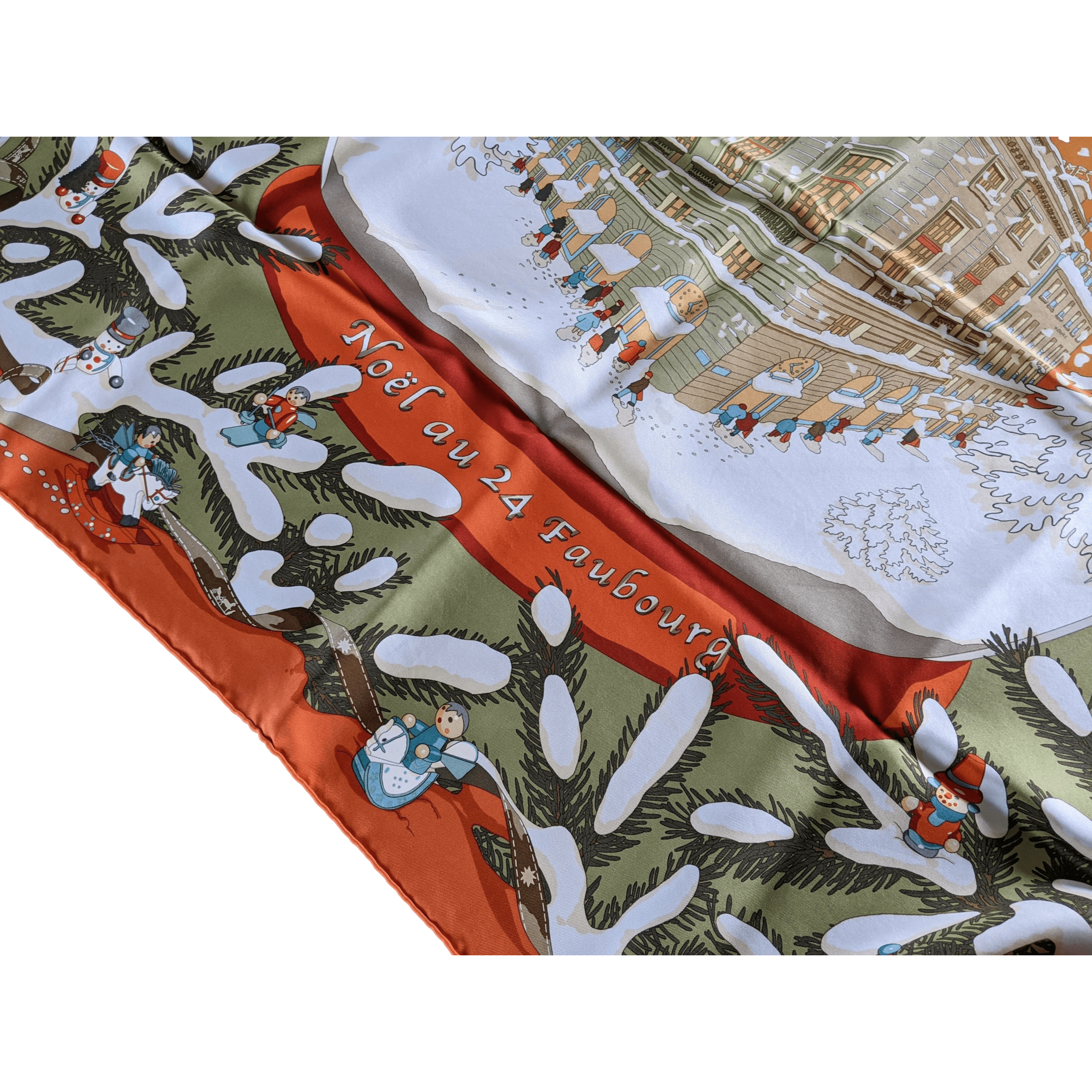 HERMES 2004 Green/Orange NOEL AU 24 FAUBOURG by Dimitri Rybaltchenko Twill Silk Carre 90 x 90 cm