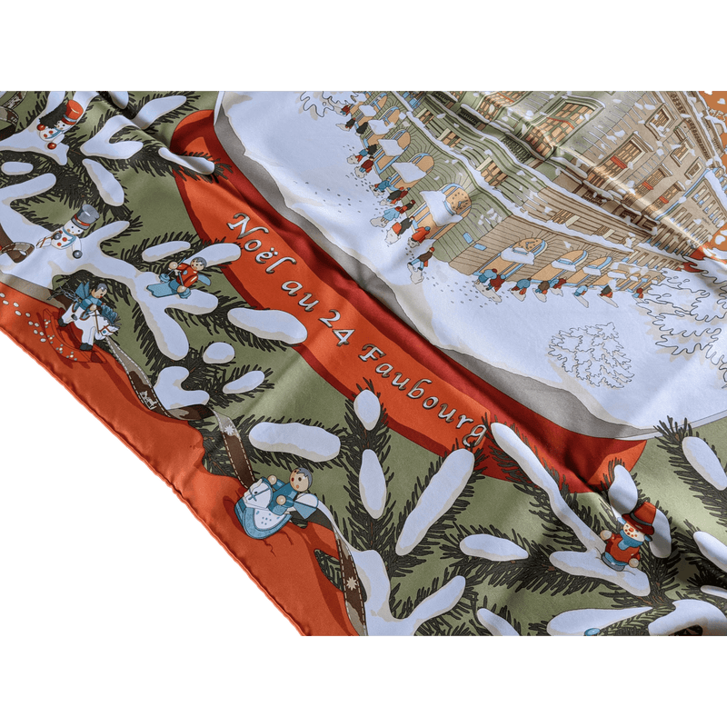 HERMES 2004 Green/Orange NOEL AU 24 FAUBOURG by Dimitri Rybaltchenko Twill Silk Carre 90 x 90 cm