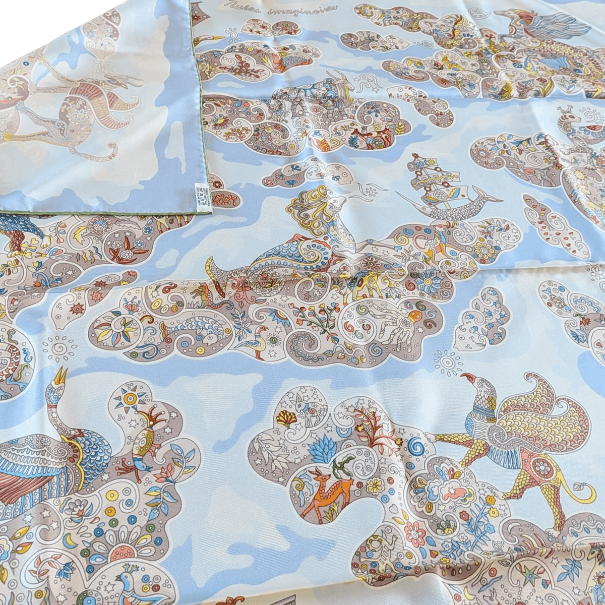 HERMES Nuees Imaginaires Christine Henry Silk Scarf 90 Light Blue Green 2011 Box Rare