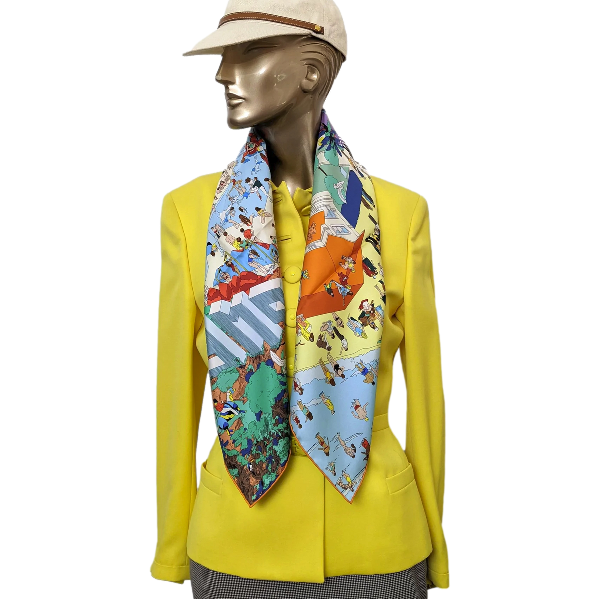 Hermes [C209] Jaune Souffre/Violet/Orange "On the Beach" by Ugo Bienvenu Twill Silk Carre 90cm