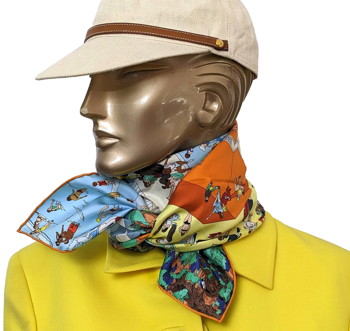 Hermes [C209] Jaune Souffre/Violet/Orange "On the Beach" by Ugo Bienvenu Twill Silk Carre 90cm