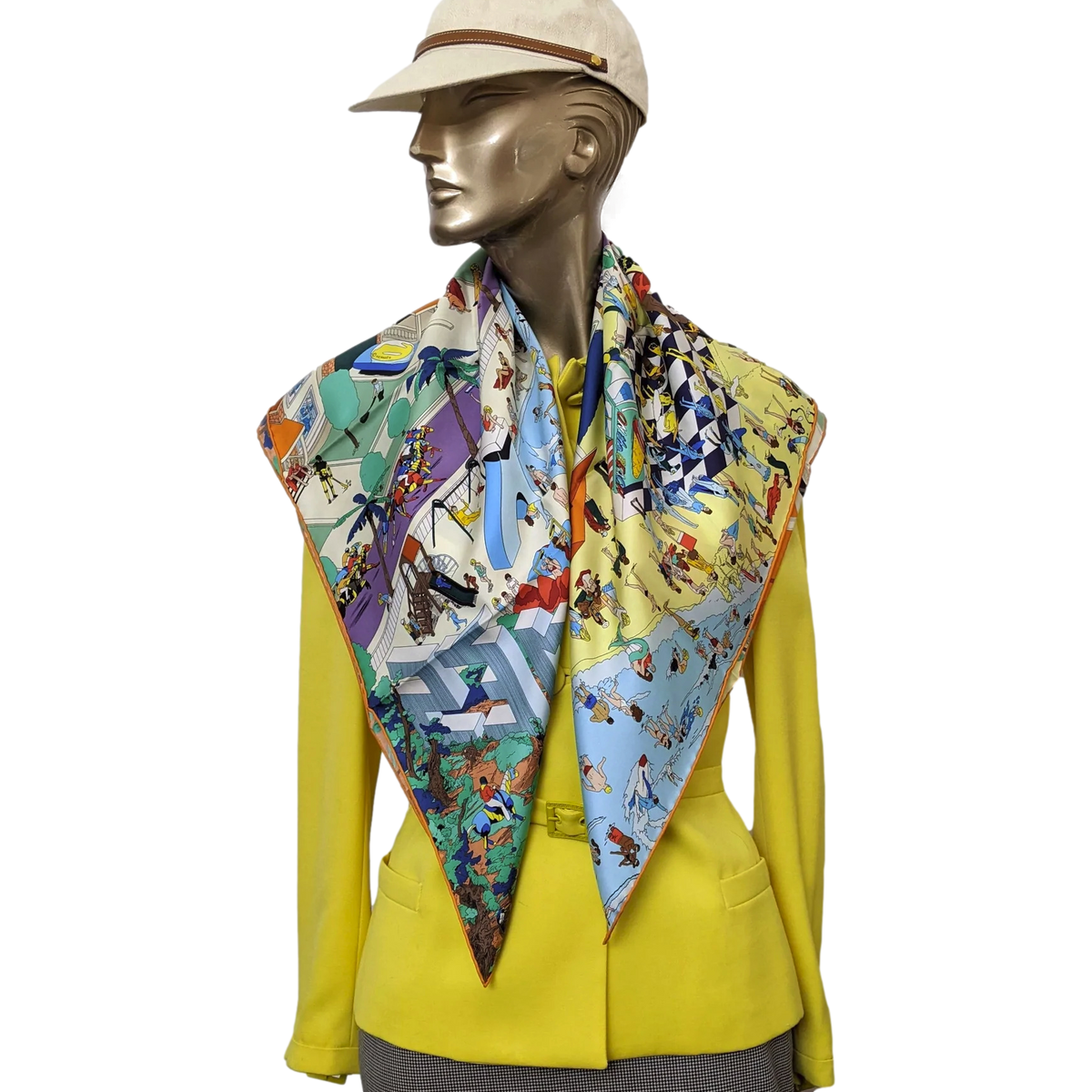 Hermes [C209] Jaune Souffre/Violet/Orange "On the Beach" by Ugo Bienvenu Twill Silk Carre 90cm