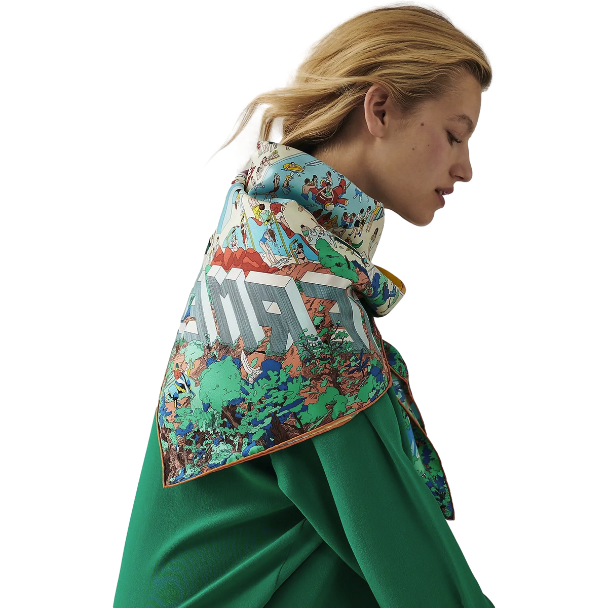 Hermes [C209] Jaune Souffre/Violet/Orange "On the Beach" by Ugo Bienvenu Twill Silk Carre 90cm