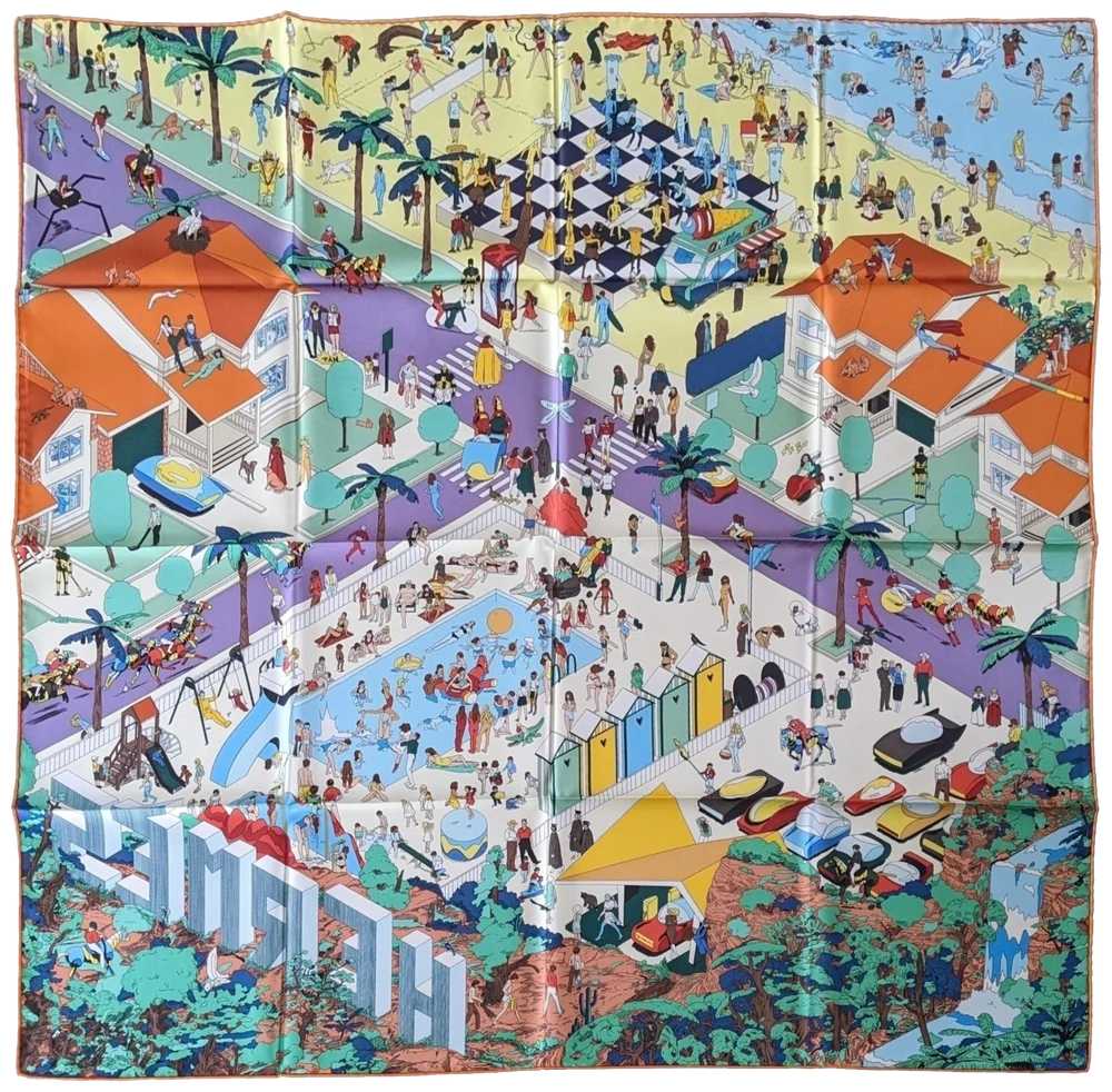 HERMES ON THE BEACH Jaune Soufre/Violet/Orange Twill Silk Carre 90 x 90 cm, NWTIB!