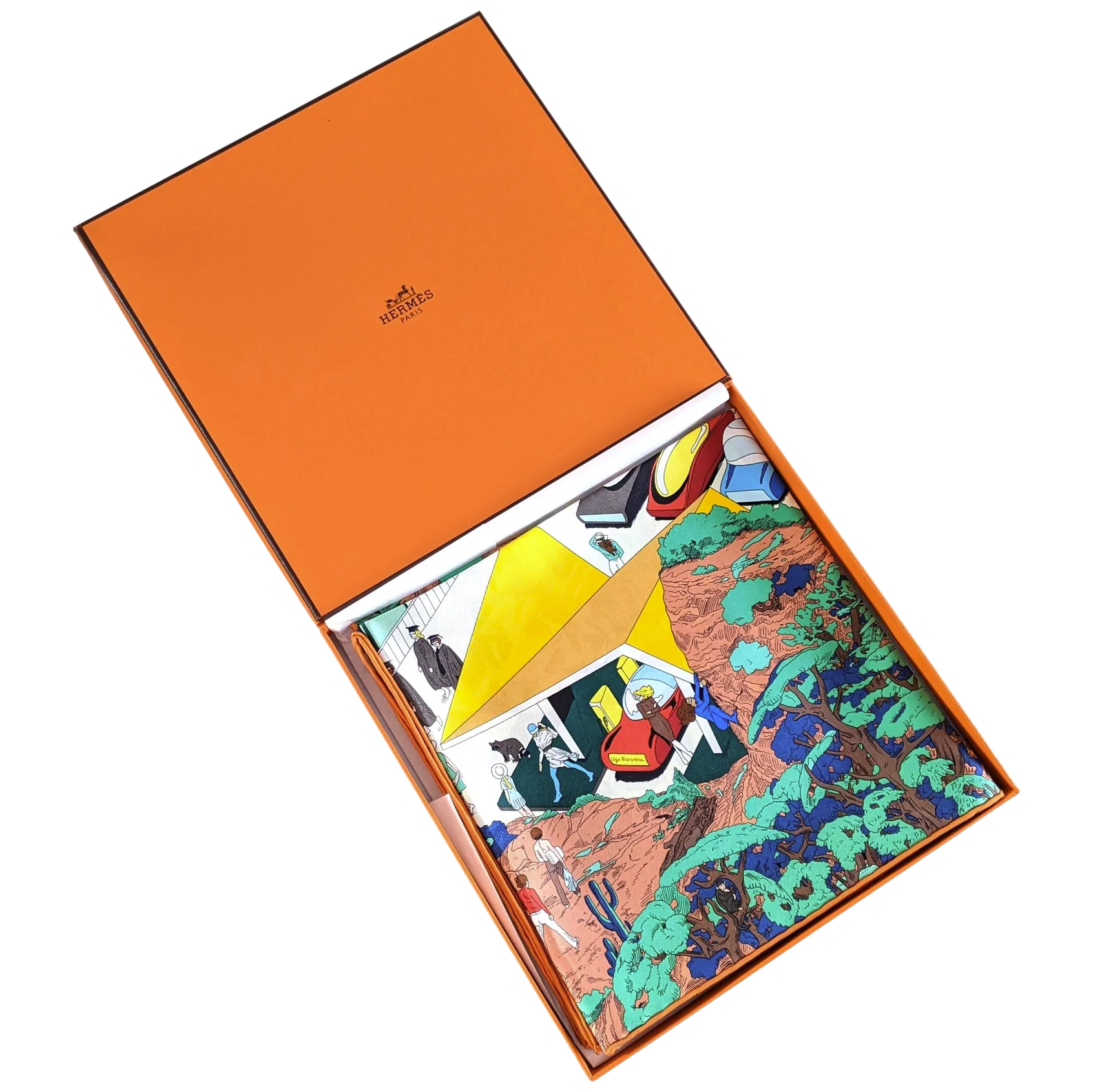 Hermes [C209] Jaune Souffre/Violet/Orange "On the Beach" by Ugo Bienvenu Twill Silk Carre 90cm