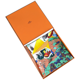 Hermes [C209] Jaune Souffre/Violet/Orange "On the Beach" by Ugo Bienvenu Twill Silk Carre 90cm