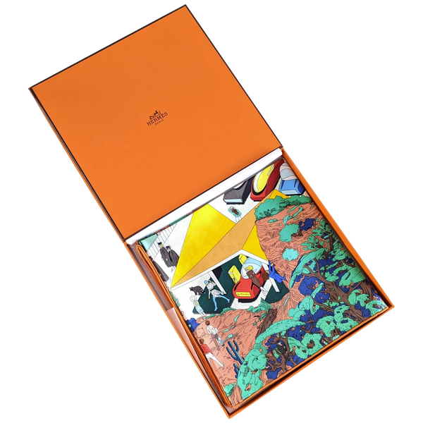 Hermes [C209] Jaune Souffre/Violet/Orange "On the Beach" by Ugo Bienvenu Twill Silk Carre 90cm