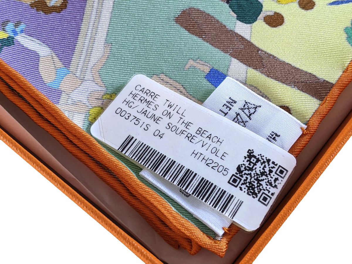 Hermes [C209] Jaune Souffre/Violet/Orange "On the Beach" by Ugo Bienvenu Twill Silk Carre 90cm