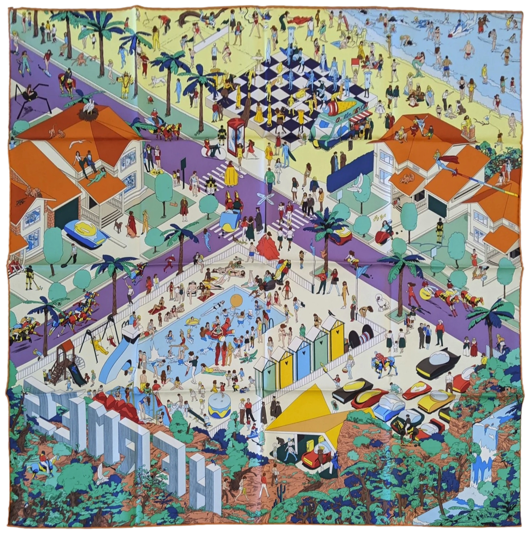 Hermes [C209] Jaune Souffre/Violet/Orange "On the Beach" by Ugo Bienvenu Twill Silk Carre 90cm