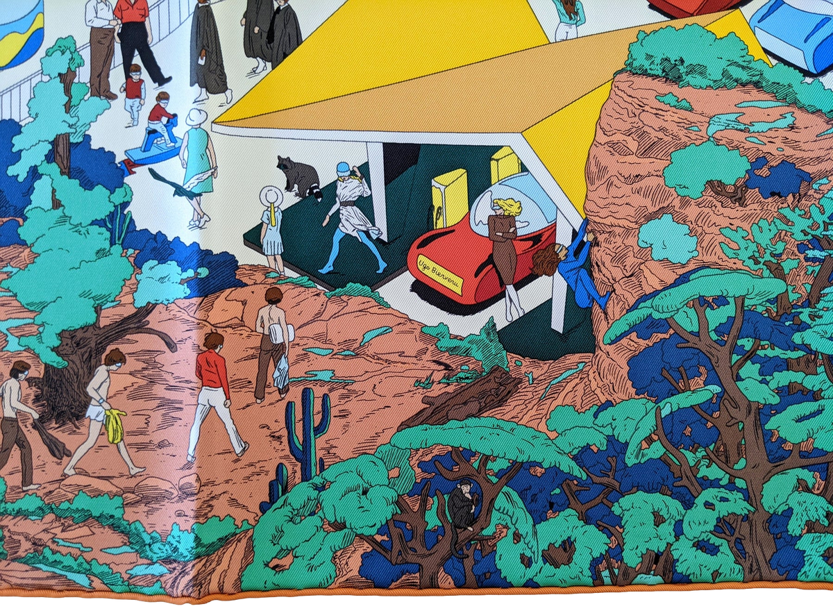 Hermes [C209] Jaune Souffre/Violet/Orange "On the Beach" by Ugo Bienvenu Twill Silk Carre 90cm