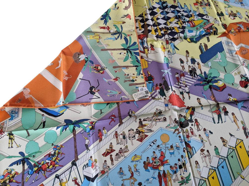 HERMES ON THE BEACH Jaune Soufre/Violet/Orange Twill Silk Carre 90 x 90 cm, NWTIB!