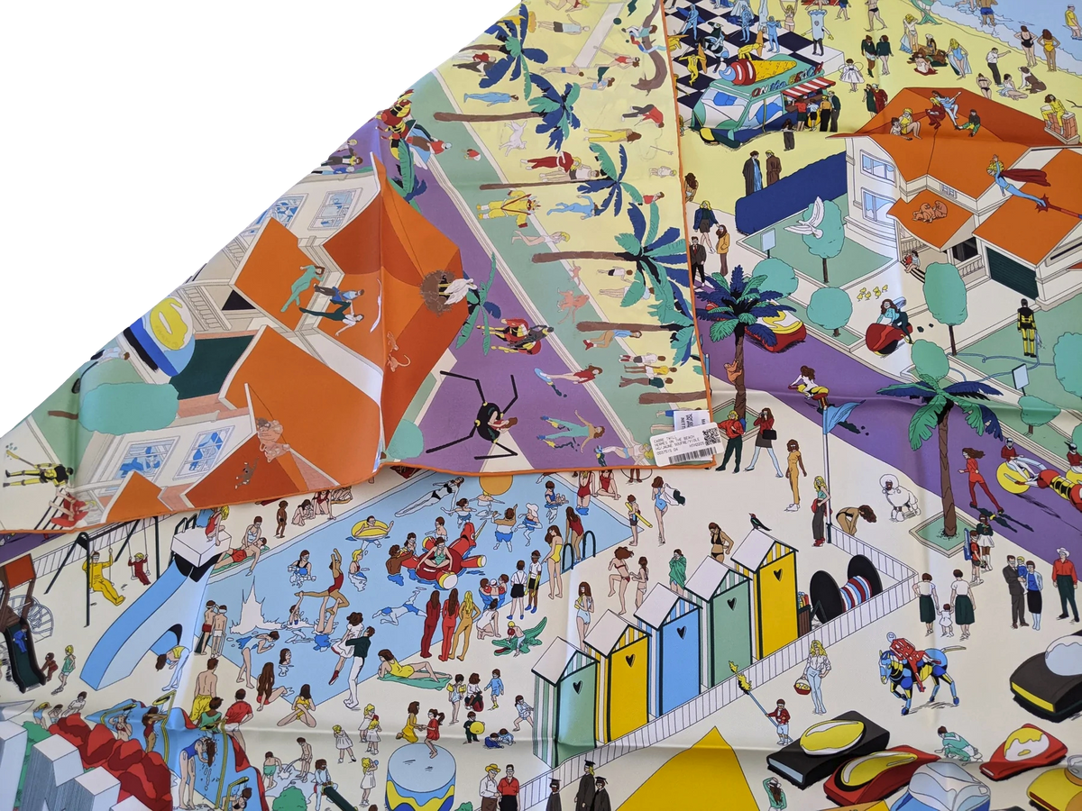 Hermes [C209] Jaune Souffre/Violet/Orange "On the Beach" by Ugo Bienvenu Twill Silk Carre 90cm