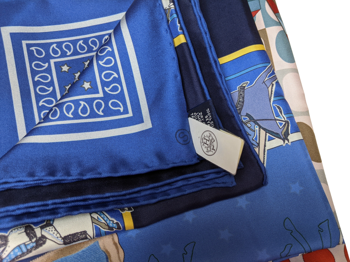 HERMES Bleu PANI LA SHAR PAWNEE by Kermit Oliver DOUBLE FACE Twill Scarf 90 x 90 cm, NIB