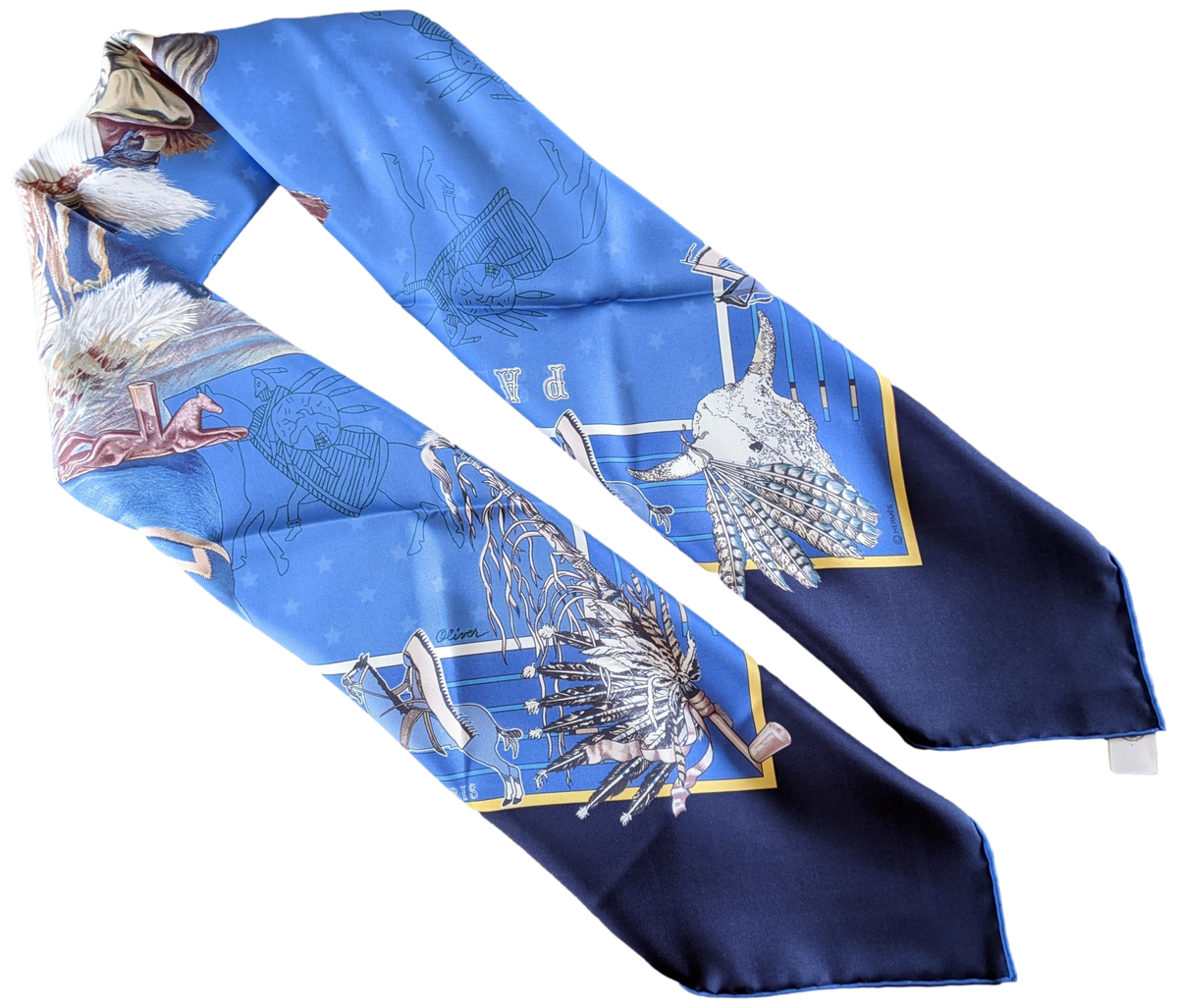 HERMES Bleu PANI LA SHAR PAWNEE by Kermit Oliver DOUBLE FACE Twill Scarf 90