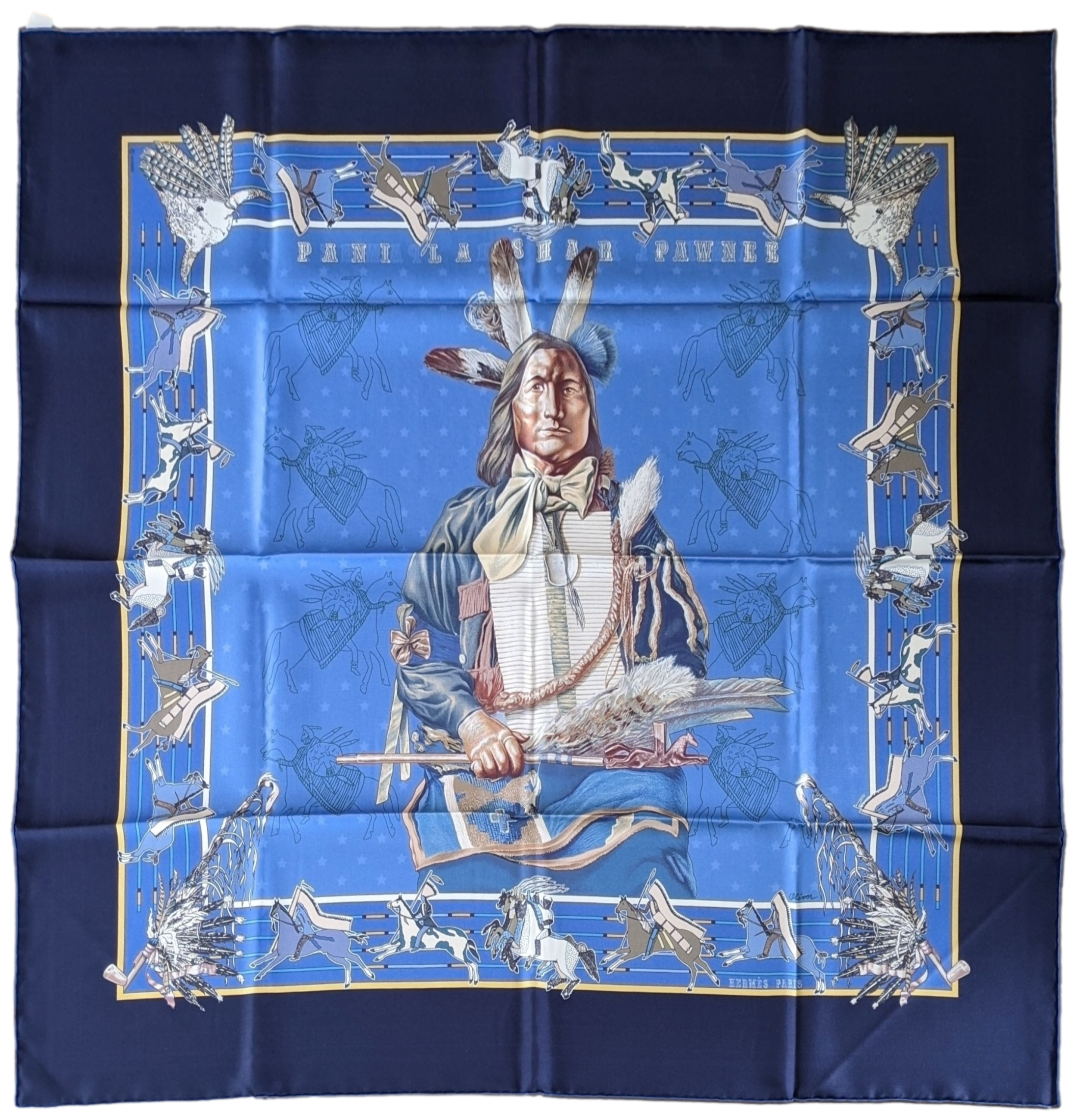 HERMES Bleu PANI LA SHAR PAWNEE by Kermit Oliver DOUBLE FACE Twill Scarf 90 x 90 cm, NIB