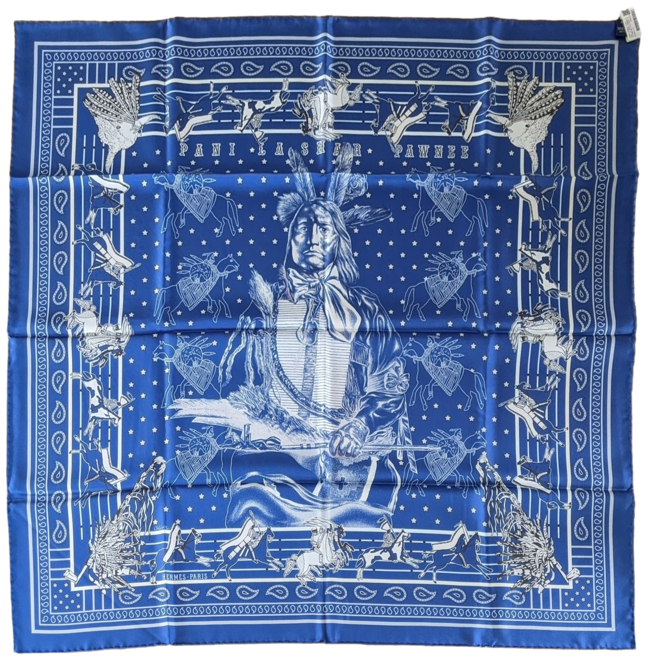 HERMES Bleu PANI LA SHAR PAWNEE by Kermit Oliver DOUBLE FACE Twill Scarf 90 x 90 cm, NIB